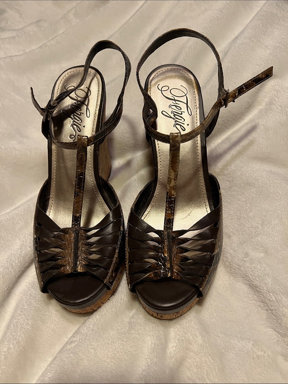 Fergie leather snakeskin pattern T-Strap Wedge Sandals
